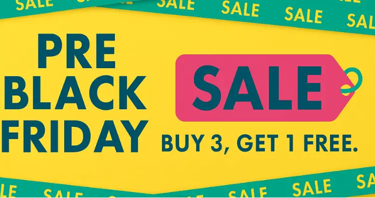 Promotional banner for a pre-Black Friday sale with text and colorful design.